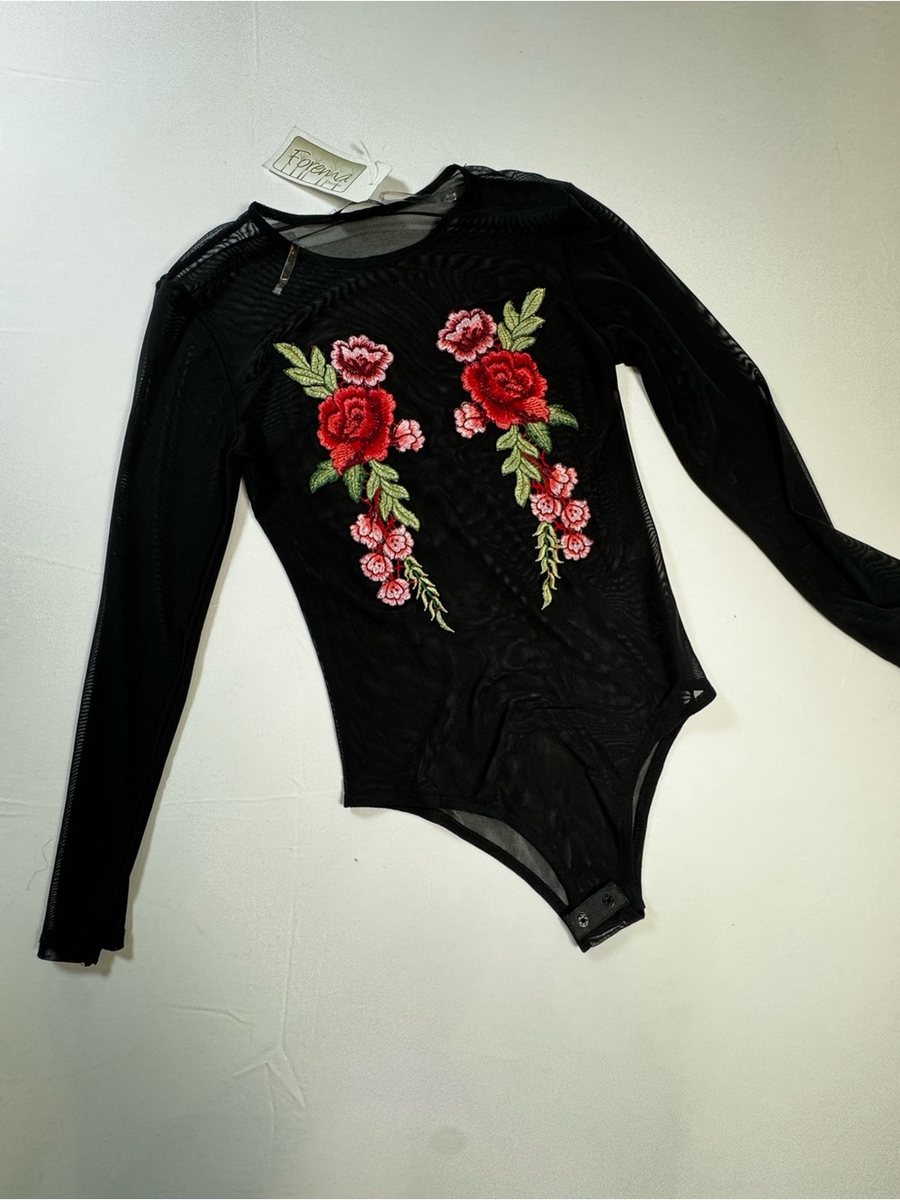 Black Mesh One-Piece Bodysuit with Red Rose Embroidery